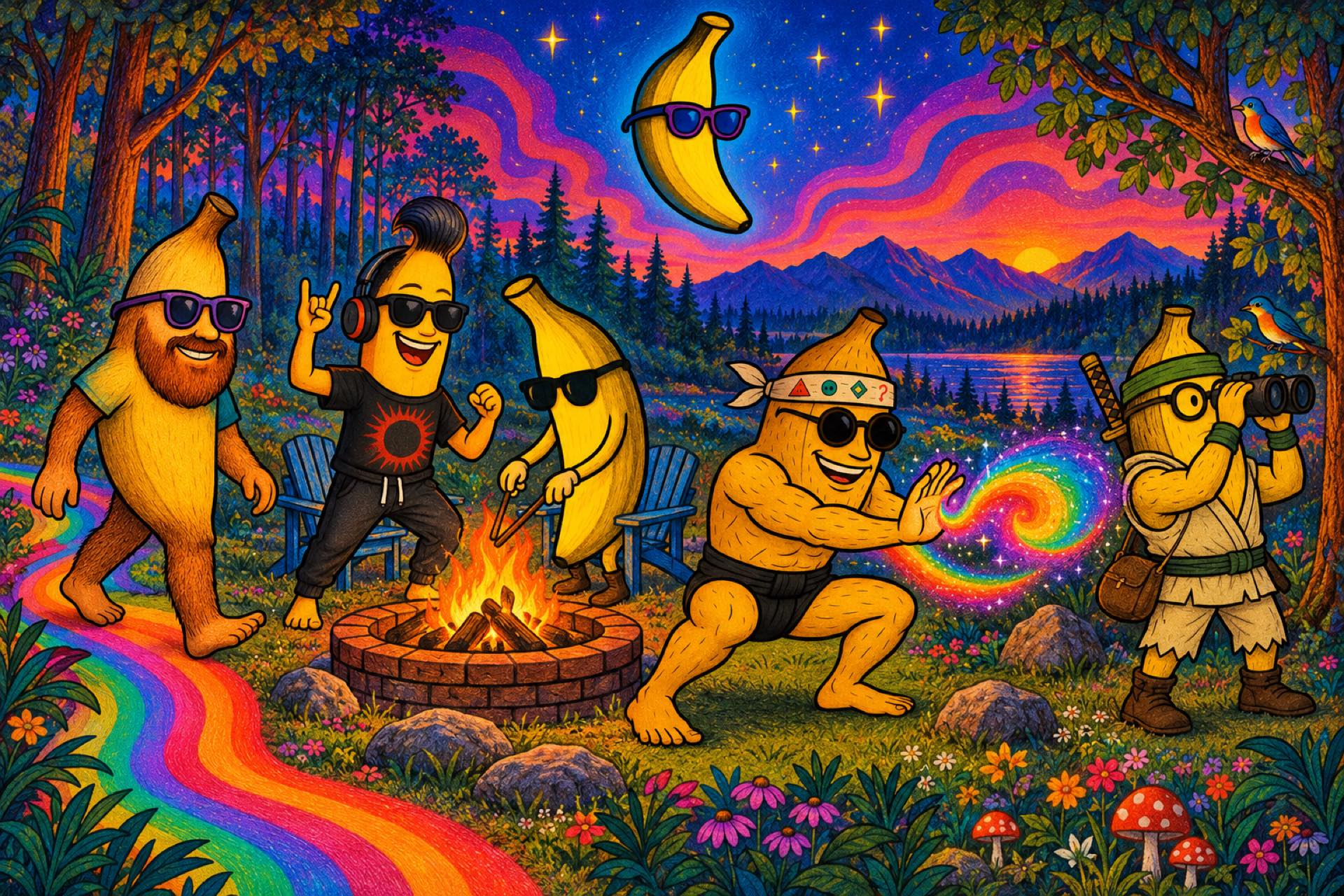 Six banana friends around a firepit in a psychedelic Appalachian forest at dusk